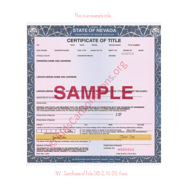This is an Example of Nevada Certificate of Title (RD-2, 10-01) Front View | Kids Car Donations
